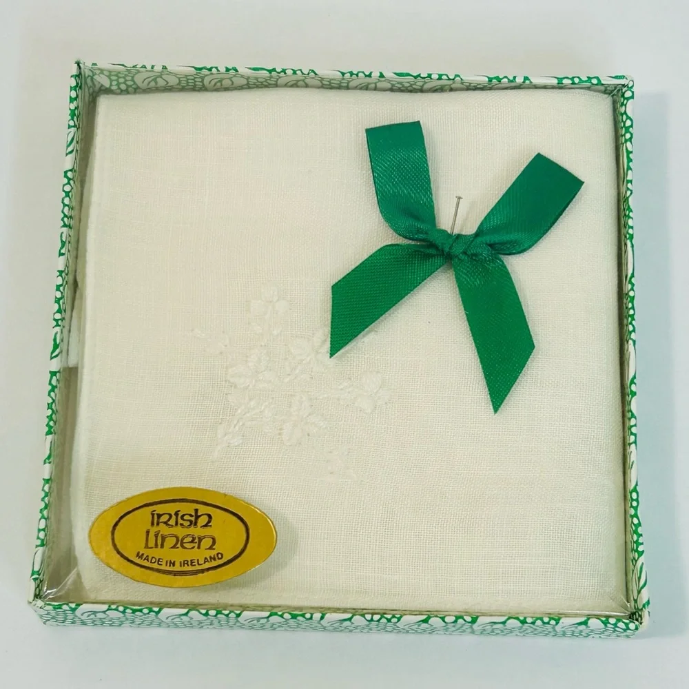 Vintage Irish Linen Embroidered White Handkerchief, New in Box - Picture 9 of 12